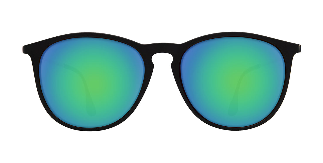 Close-up front view of Quinn sunglasses showcasing green-blue mirrored prescription lenses with black round frame on white background