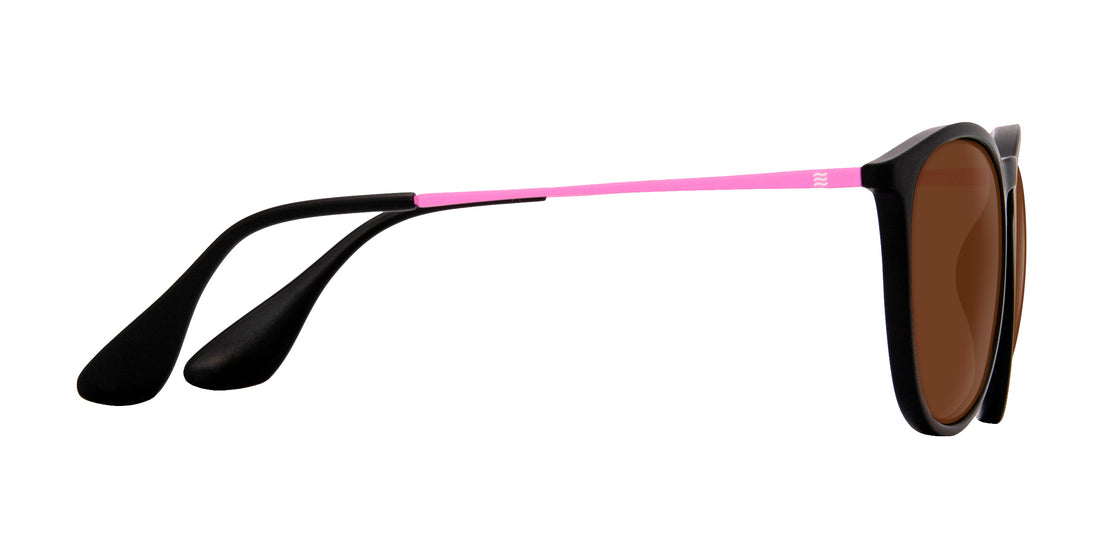 Side view of Quinn prescription sunglasses showing black frames with matte pink temples and tinted lenses on a white background