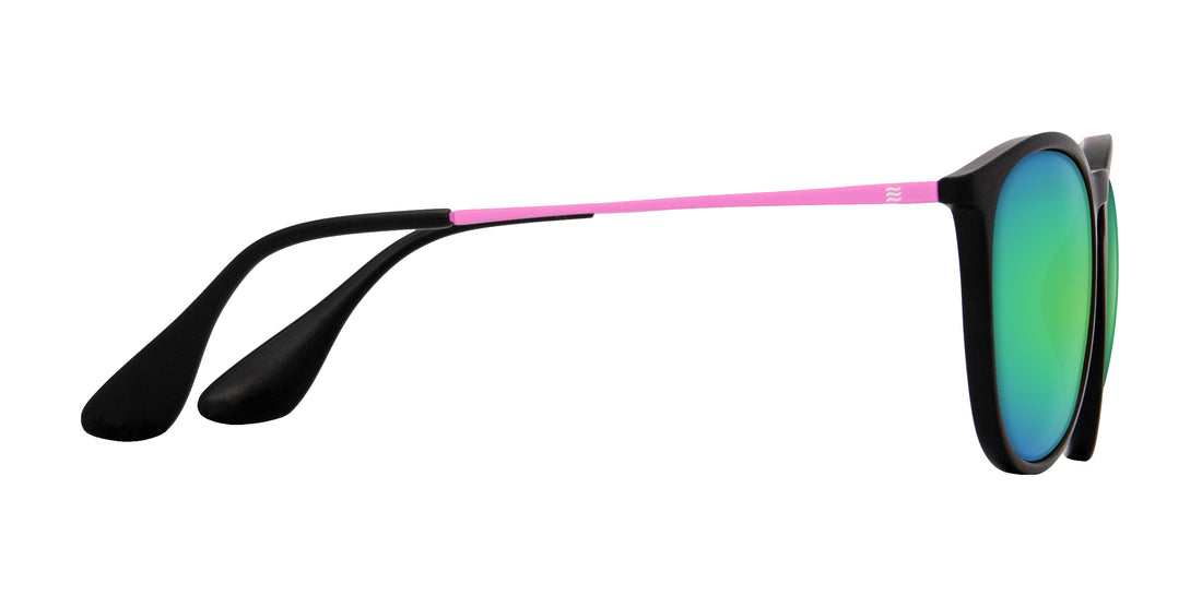Side view of Quinn prescription sunglasses showing thin matte pink stainless-steel temple, black TR90 frame and green mirrored lenses on white background