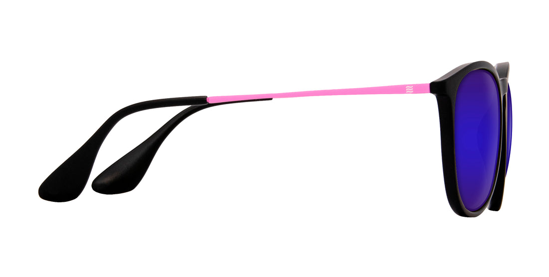 Side view of Quinn sunglasses showing matte pink temples, black ear tips and purple mirrored lenses on white background