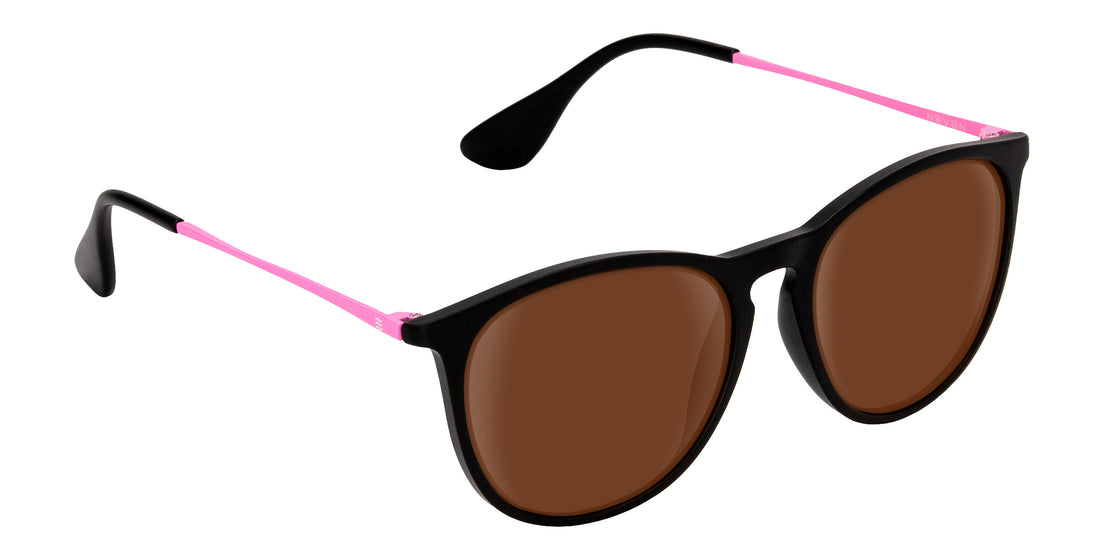 Three-quarter view of Quinn sunglasses with black front frame, matte pink temples and brown lenses on white background