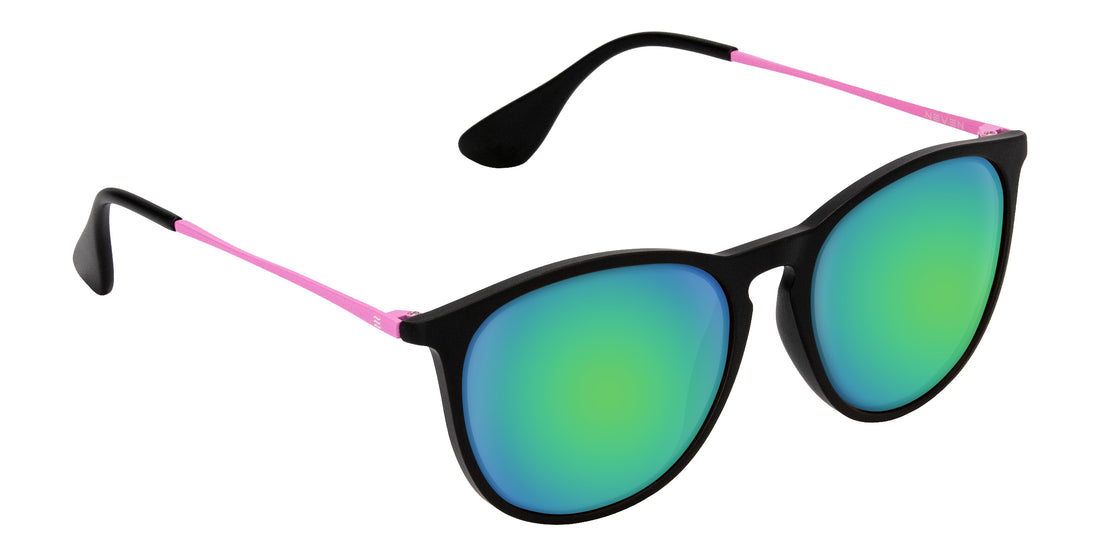 Angled close-up of Quinn sunglasses showing TR90 frame with matte pink temples and green mirrored lenses on white background
