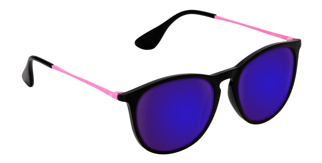 Angled close-up of Quinn sunglasses showcasing black rounded frame, pink temple arms, and blue mirrored lenses on white background