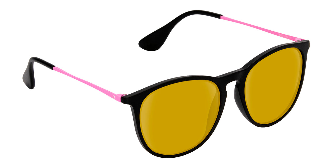 Angled close-up of Quinn sunglasses showcasing black matte frame, pink temple arms, and yellow lenses on white background