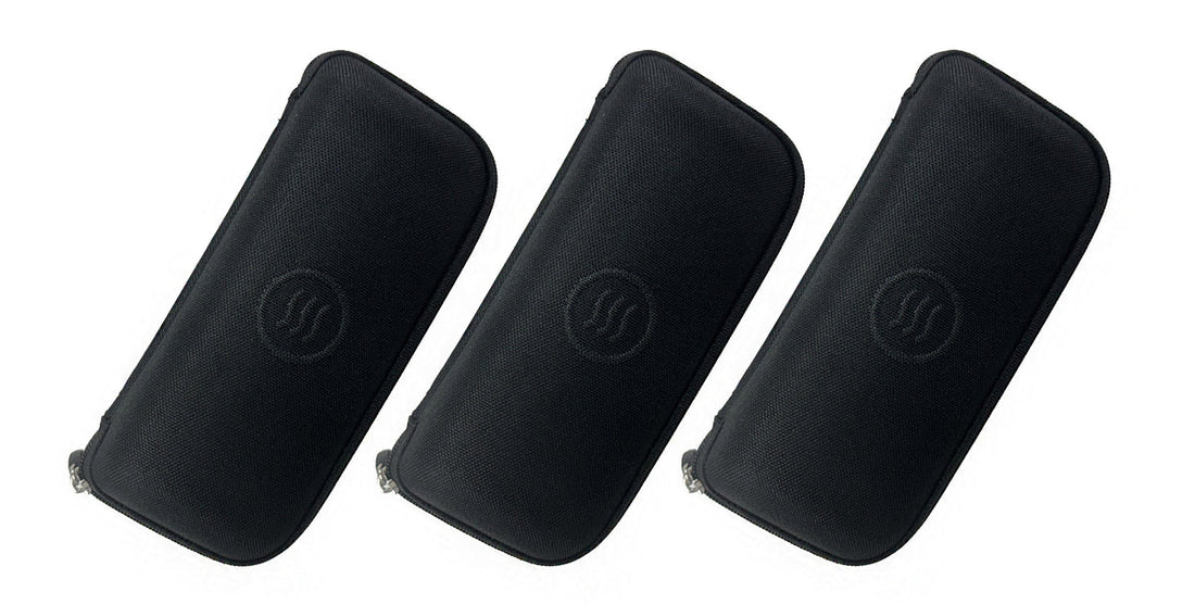 Three black slim hard cases for eyewear protection.