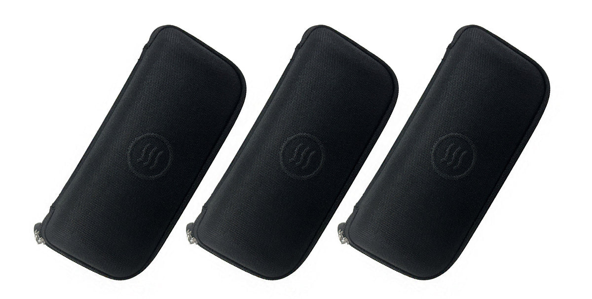 Three black slim hard cases for eyewear protection.
