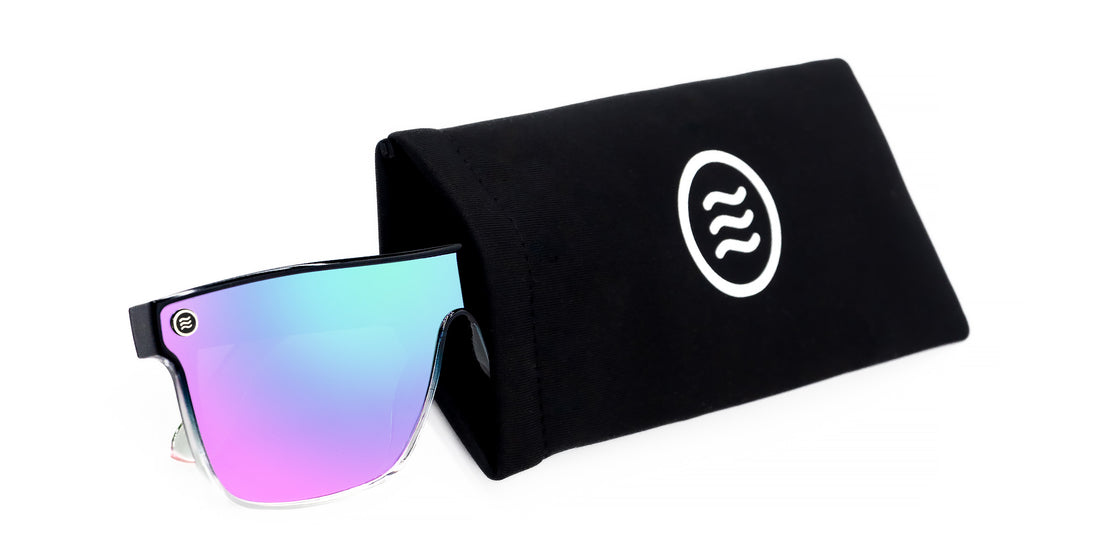 Angled view of 3 Pack Quick Close Case with white Neven tilde logo and mirrored sunglasses
