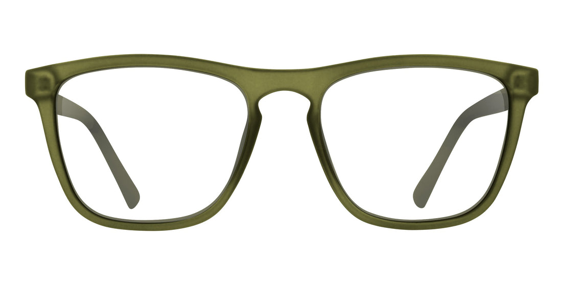 Close up front view of Fir prescription sunglasses showcasing olive green matte rectangular frames with clear lenses