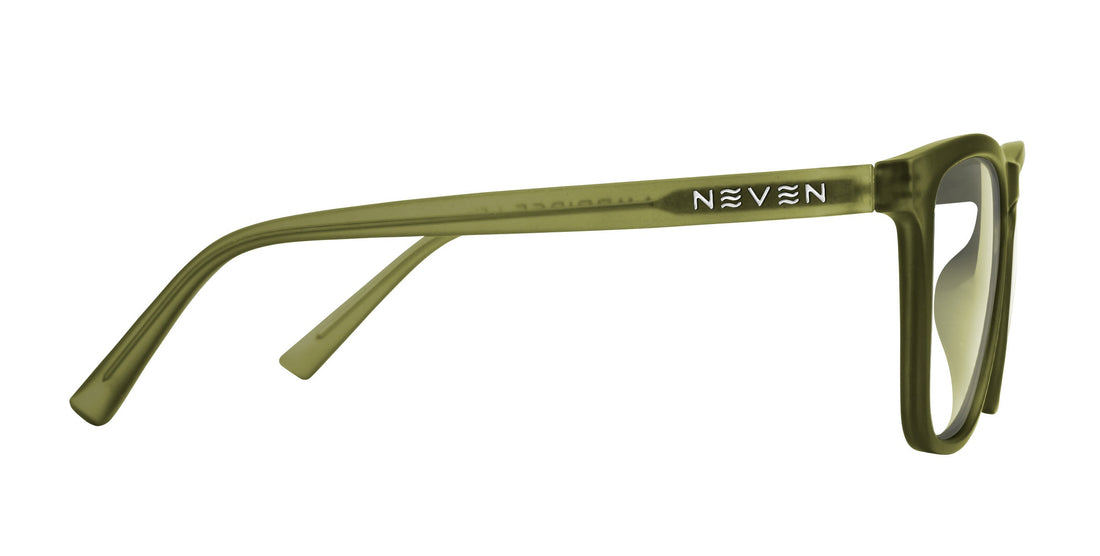 Side view of Fir prescription sunglasses showing olive green matte temple with raised NEVEN logo on white background