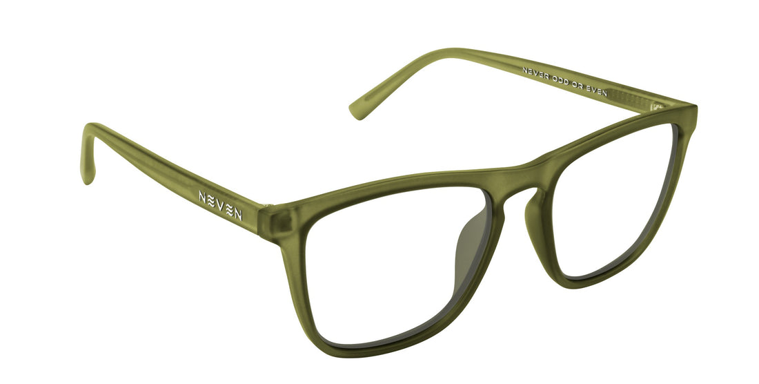 Three-quarter view of Fir prescription frames in olive green showing clear Rx lenses and Neven logo on white background