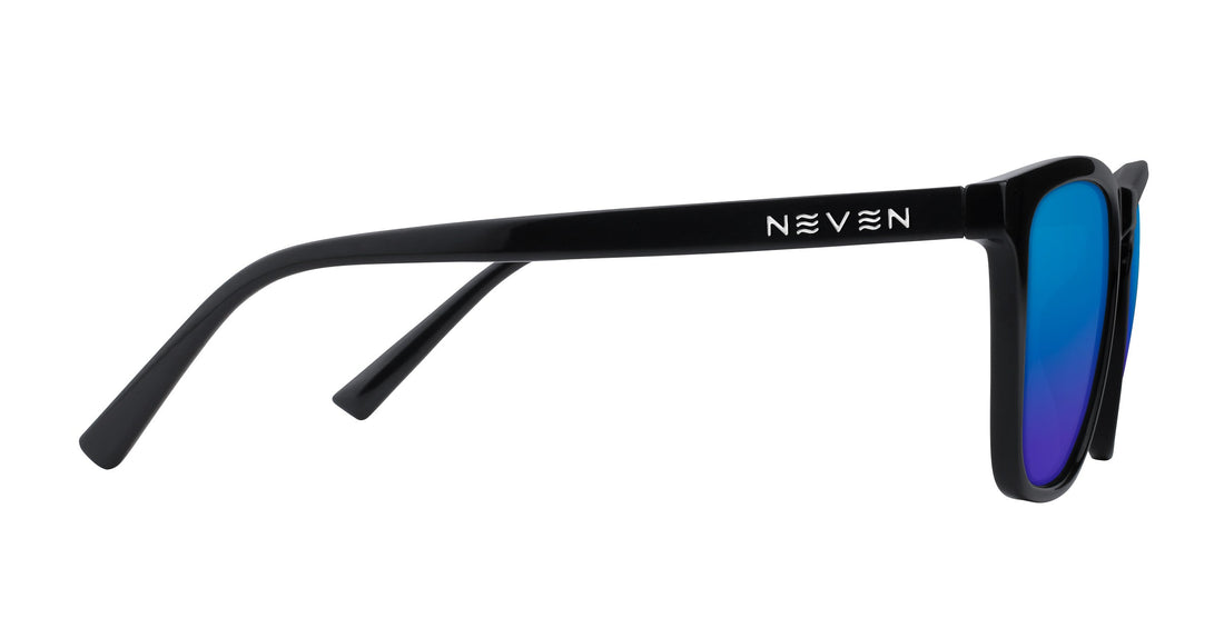 Close-up side view of Nix sunglasses showcasing glossy black temple with raised NEVEN logo and blue mirrored lenses on white background