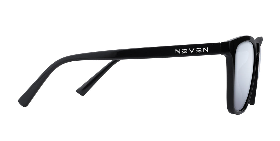 Close side view of Nix prescription sunglasses showing black frame, silver mirrored lens, and NEVEN logo on temple against white background