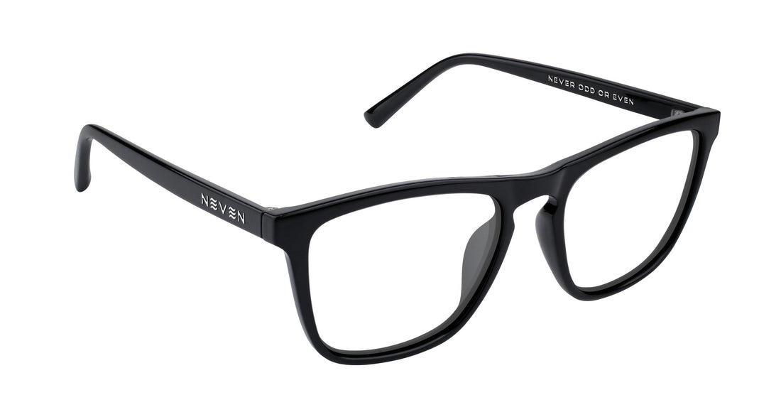 Right three-quarter view of Nix eyeglasses showcasing black rectangular frames with clear prescription lenses and Neven logo on white background