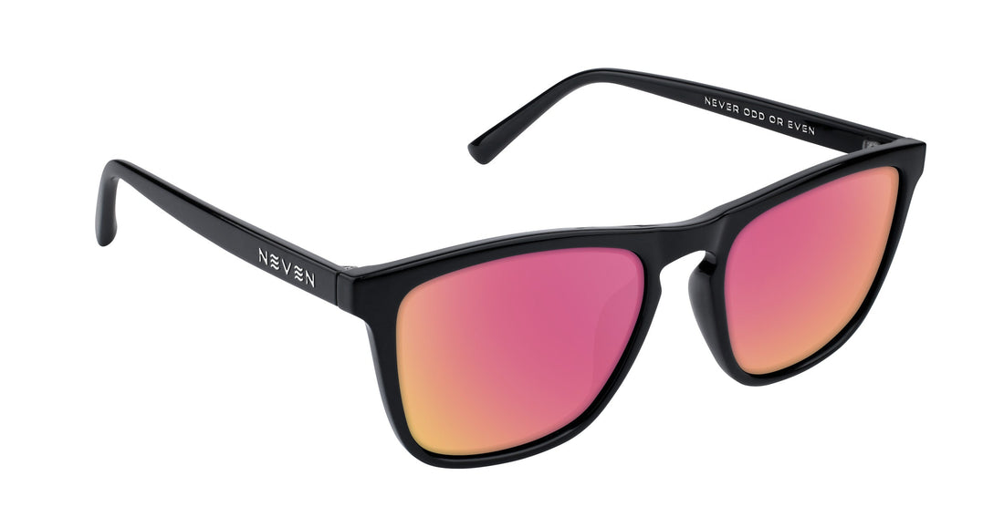 Right three-quarter view of Nix prescription sunglasses showcasing black rectangular frames and pink gradient lenses on white background