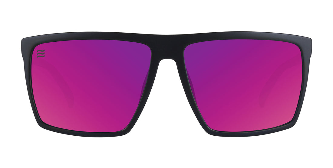 Front close-up of 88th Street polarized sunglasses, matte black frame and purple mirrored lenses, white background