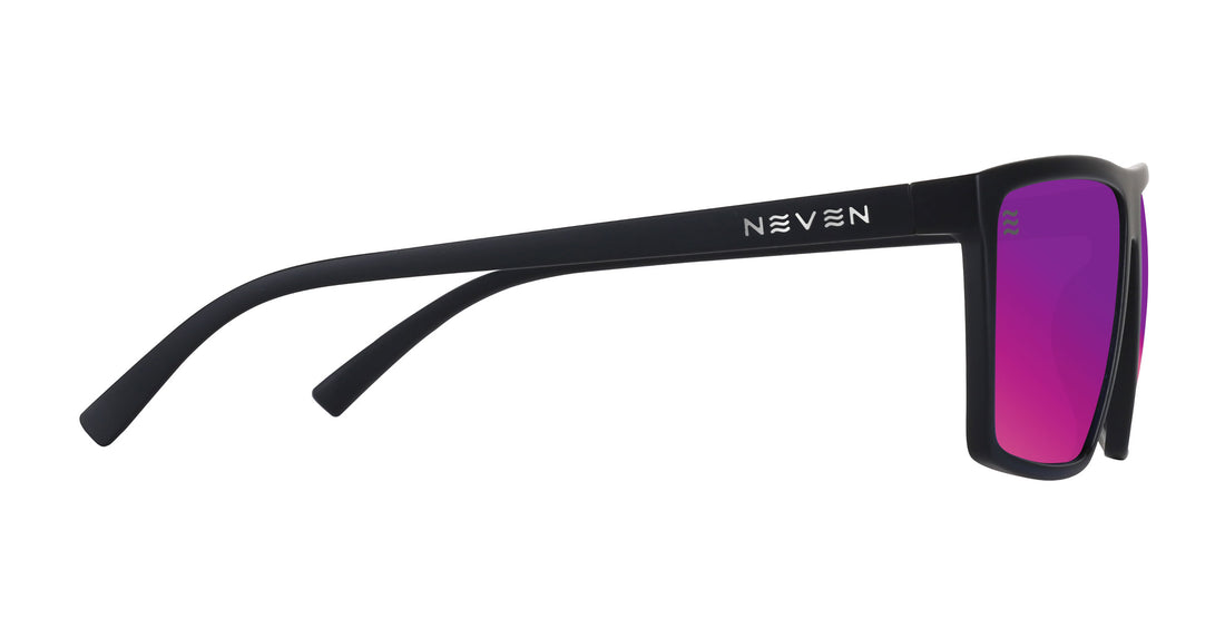 Side view of 88th Street sunglasses with matte black frame, Neven logo, and purple polarized lenses on white background