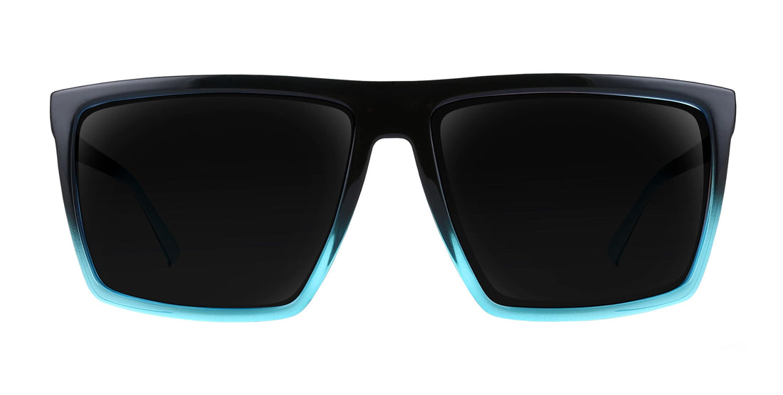 Front close-up of Arizona prescription sunglasses showcasing black-to-blue gradient square frame with dark lenses