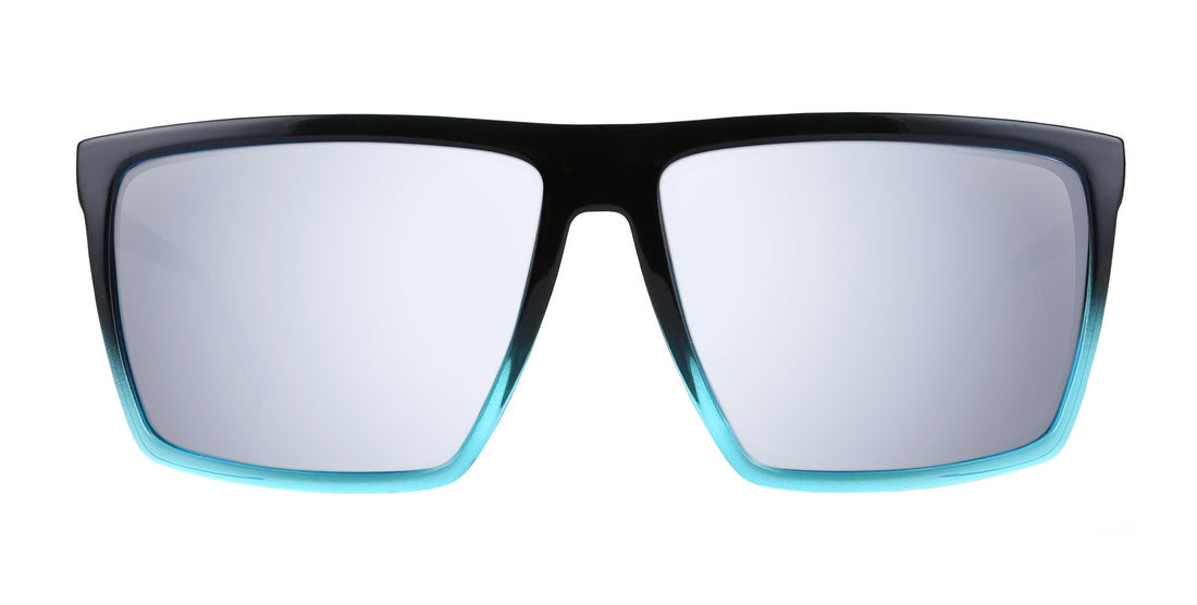 Front close-up of Arizona sunglasses with black-to-turquoise gradient frame and mirrored prescription lenses