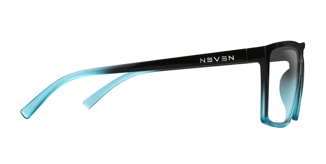 Side view of Arizona prescription sunglasses showing black-to-blue gradient frame, NEVEN logo on the temple, and clear lenses on white background