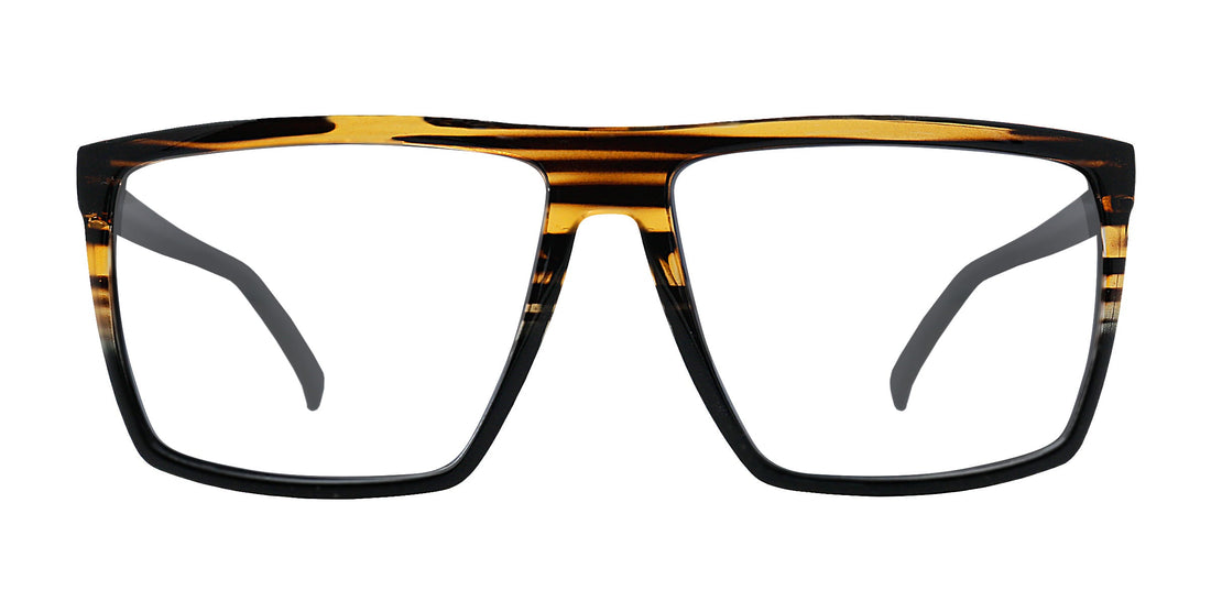 Front view of Melby eyeglasses showcasing a black and amber tortoiseshell frame with clear lenses on a white background