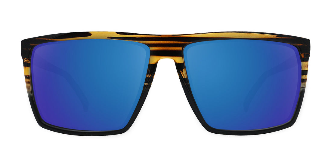 Front view of Asbury prescription sunglasses showcasing blue lenses and a glossy black and wood frame on a white background