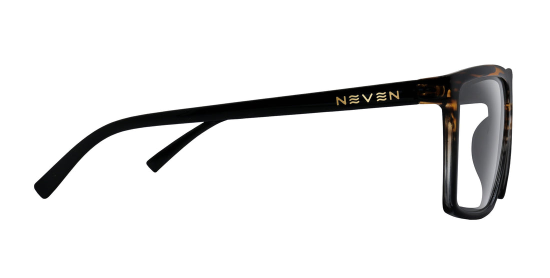 Side view of Asbury prescription glasses showcasing glossy black frame, clear lenses, and gold NEVEN temple logo on white background