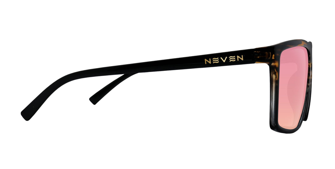 Side view of Asbury prescription glasses showcasing a black rectangular frame and rose-pink lenses with white background