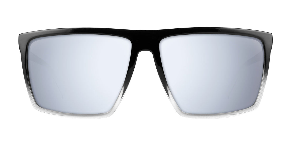 Front close-up of Colorado Bulldog sunglasses showing black-to-white frame and mirrored silver Rx lenses