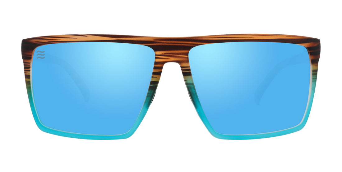 Front view of 88th Street polarized sunglasses showcasing blue mirrored lenses and wood-patterned frame on white background