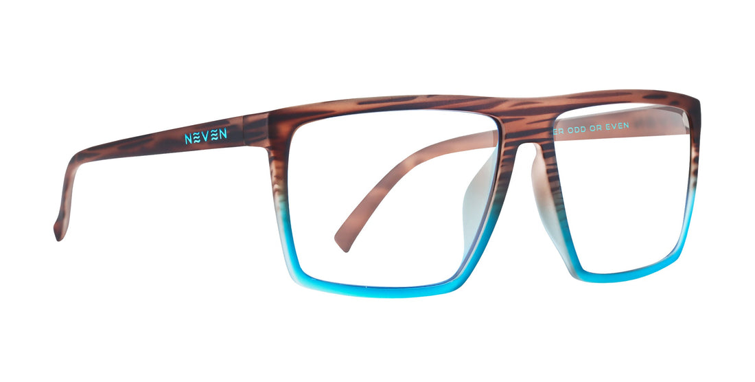 Angled view of August prescription sunglasses with tortoiseshell frame and blue gradient lower rims on white background