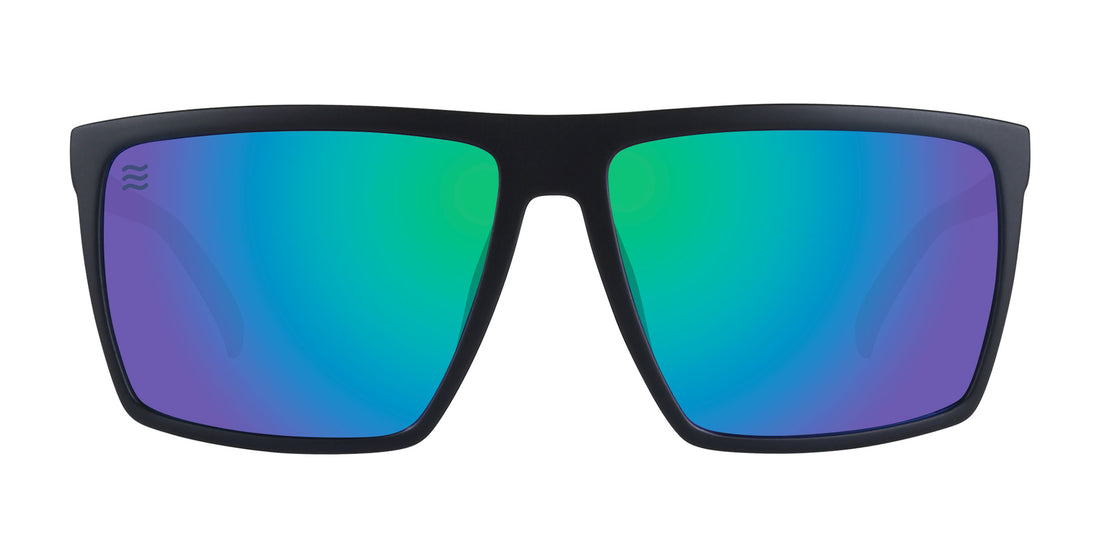 Black sunglasses with blue-green polarized lenses.