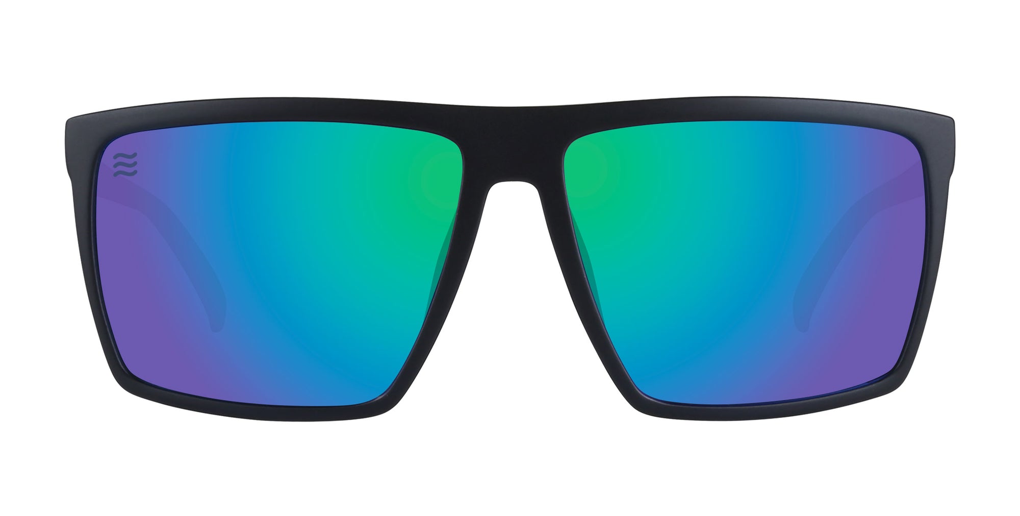 Black sunglasses with blue-green polarized lenses.