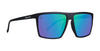 Black sunglasses with polarized lenses and a reflective blue-green tint.