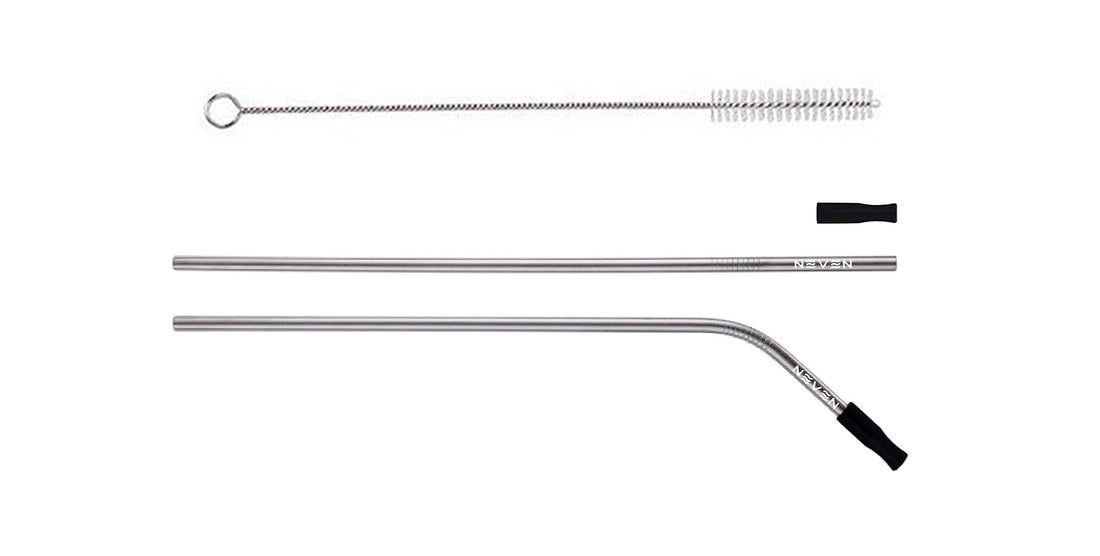 Lay-down view of stainless steel straw set with straight and bent straws, two silicone tips, and a cleaning brush