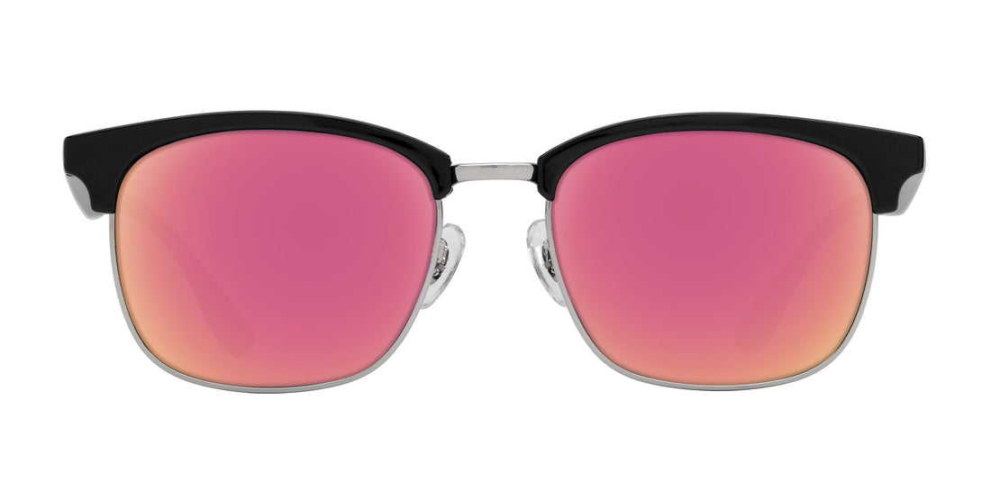 Front view of Bullet prescription sunglasses with black browline, silver rims and rose-pink lenses on white background