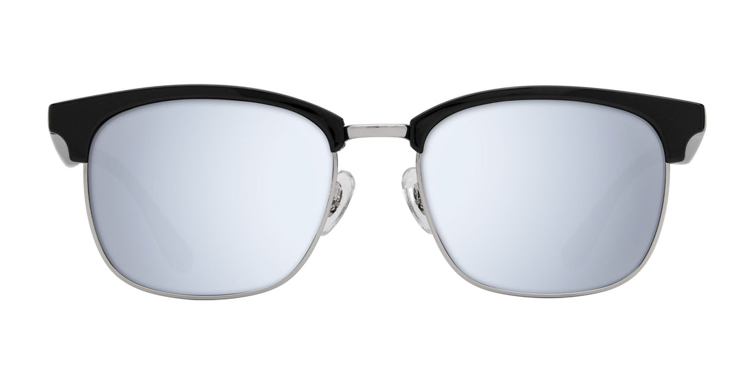 Front view of Bullet prescription sunglasses showing black browline frame, mirrored silver lenses and adjustable nose pads on white background