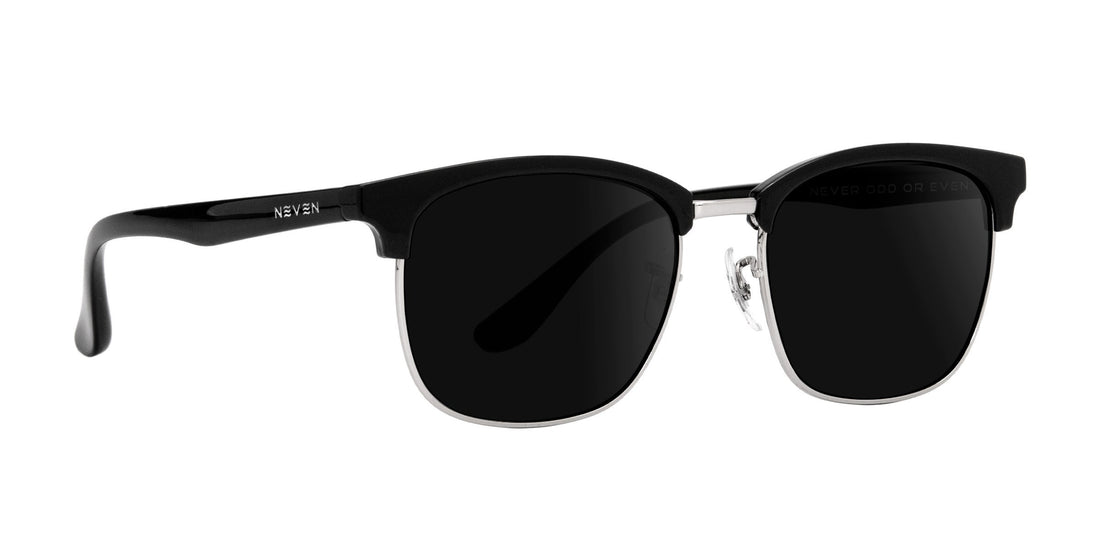Right-side close-up of Bullet prescription sunglasses showcasing a black browline frame with silver metal rims and dark prescription lenses on white background