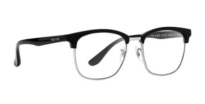 Black eyeglasses with clear lenses and silver accents, featuring the text 'NEVER ODD OR EVEN' on the frame.