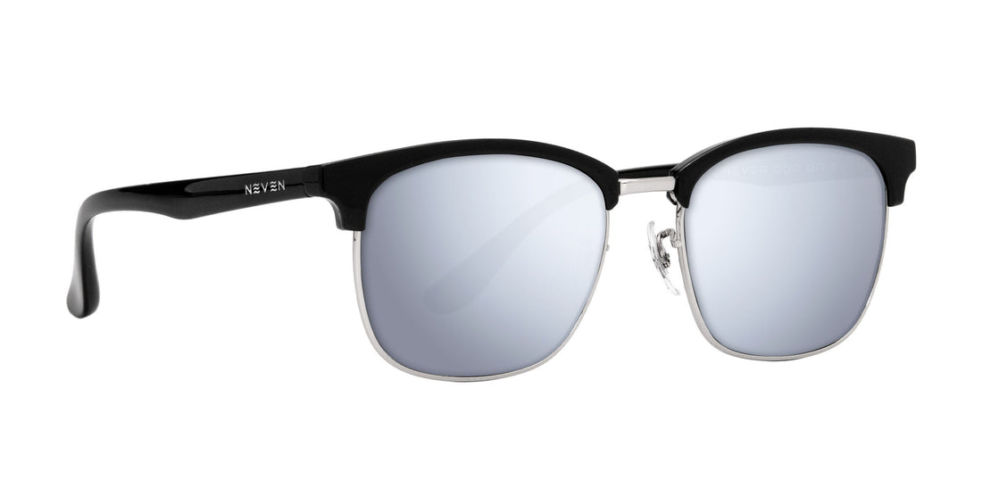 Three-quarter view of Bullet prescription sunglasses with black browline, silver metal rims, mirrored lenses, and adjustable nose pads on white background