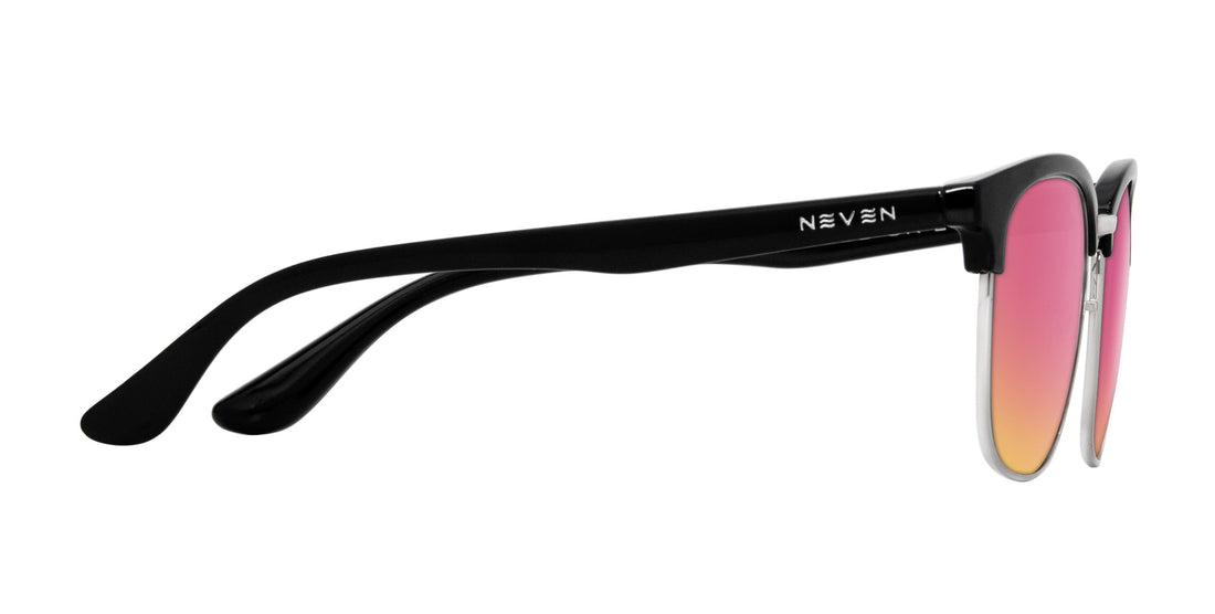 Side view of Bullet prescription sunglasses showing black temples with NEVEN logo and rose-pink mirrored lenses on white