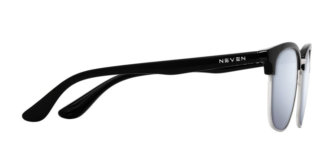 Side view of Bullet Prescription Sunglasses showing black acetate temples with NEVEN logo, silver browline frame and mirrored lenses on white background