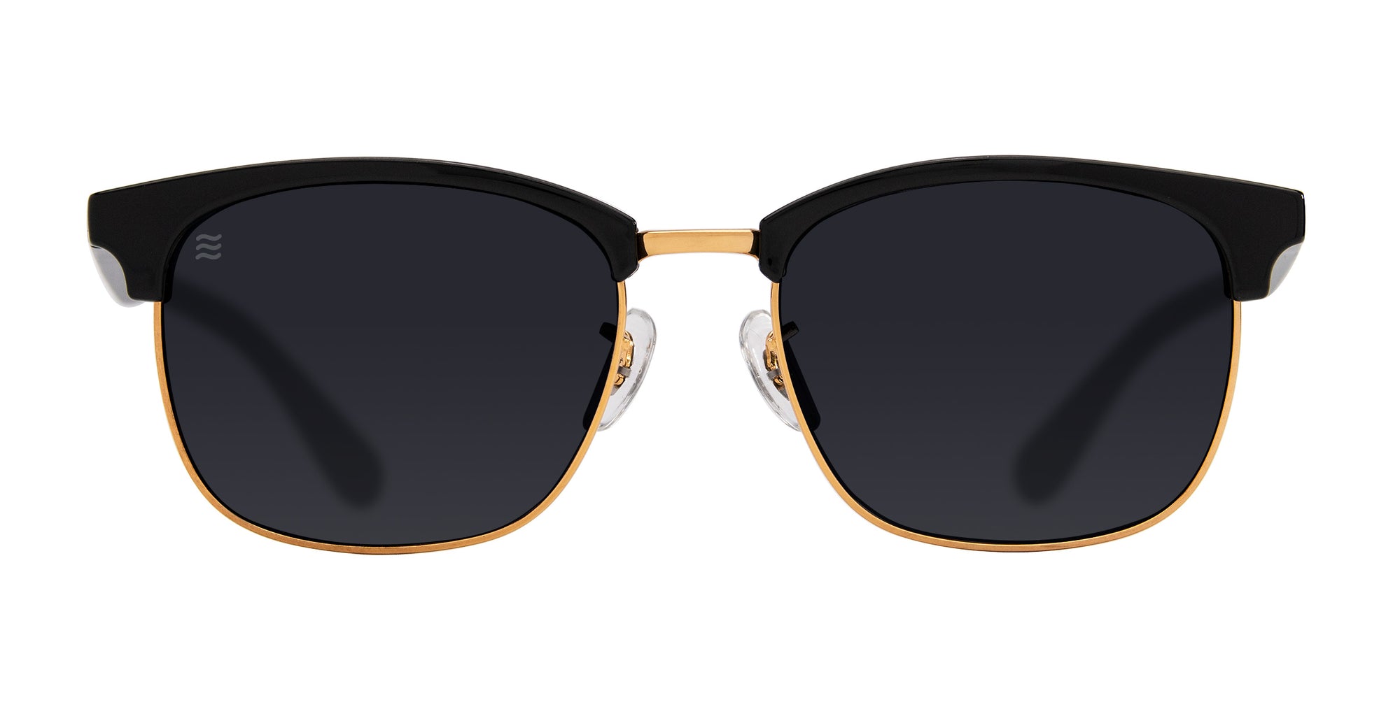 Front view of black and gold sunglasses with dark lenses.