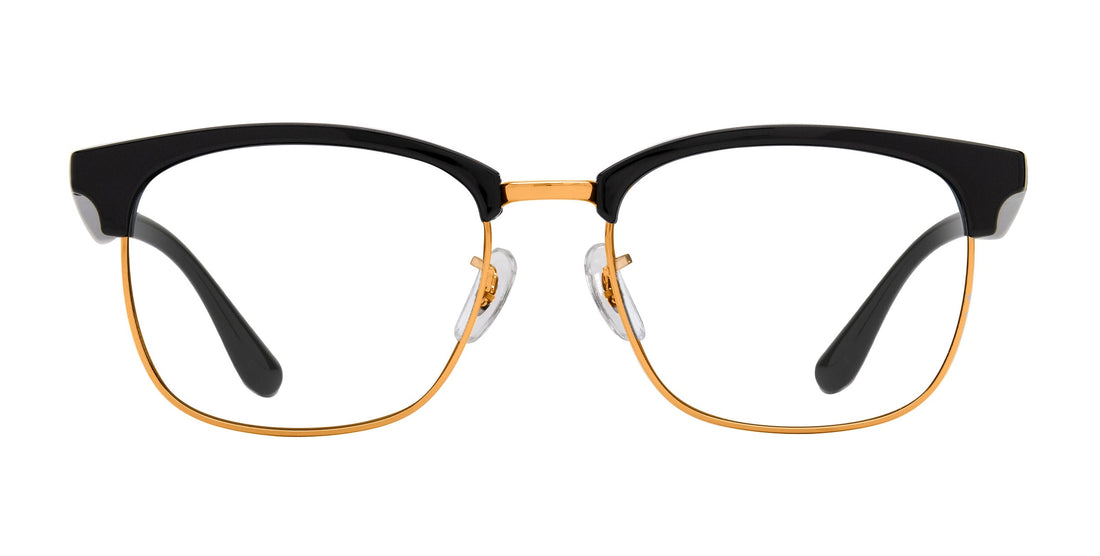 Front view of Gold Rush prescription glasses showcasing black browline frames with gold metal rims and clear prescription lenses on white background