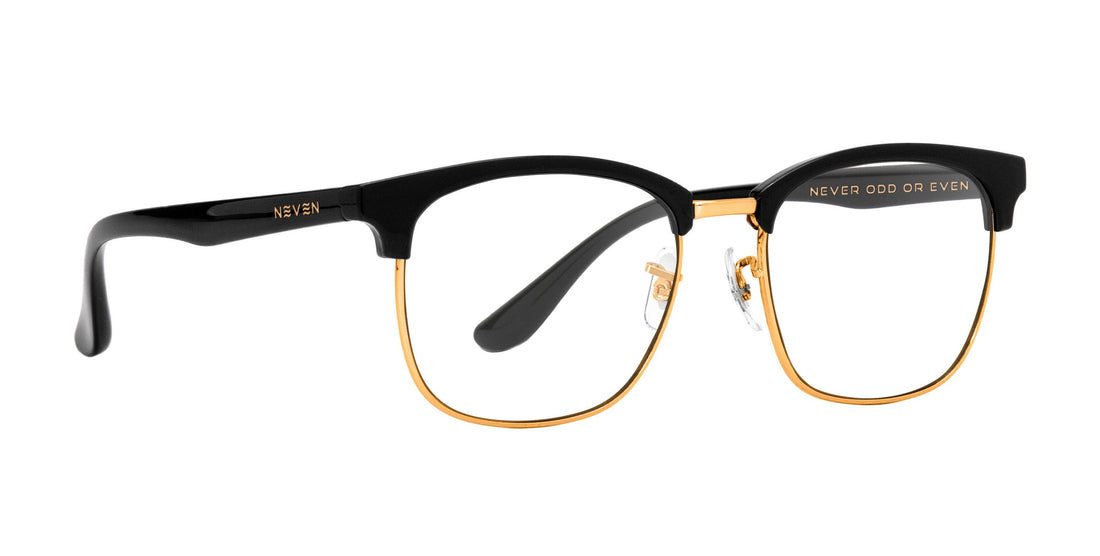 Gold Rush black rectangular prescription glasses with gold accents and 'NEVEN' branding and clear lenses.