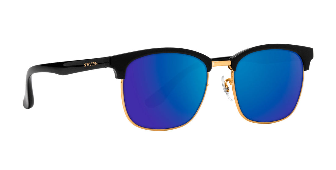 Gold Rush black rectangular prescription glasses with blue mirrored lenses .