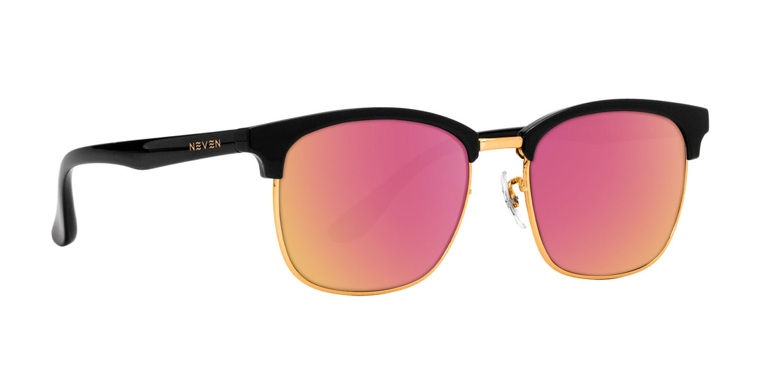 Gold Rush black rectangular prescription glasses with pink lenses .