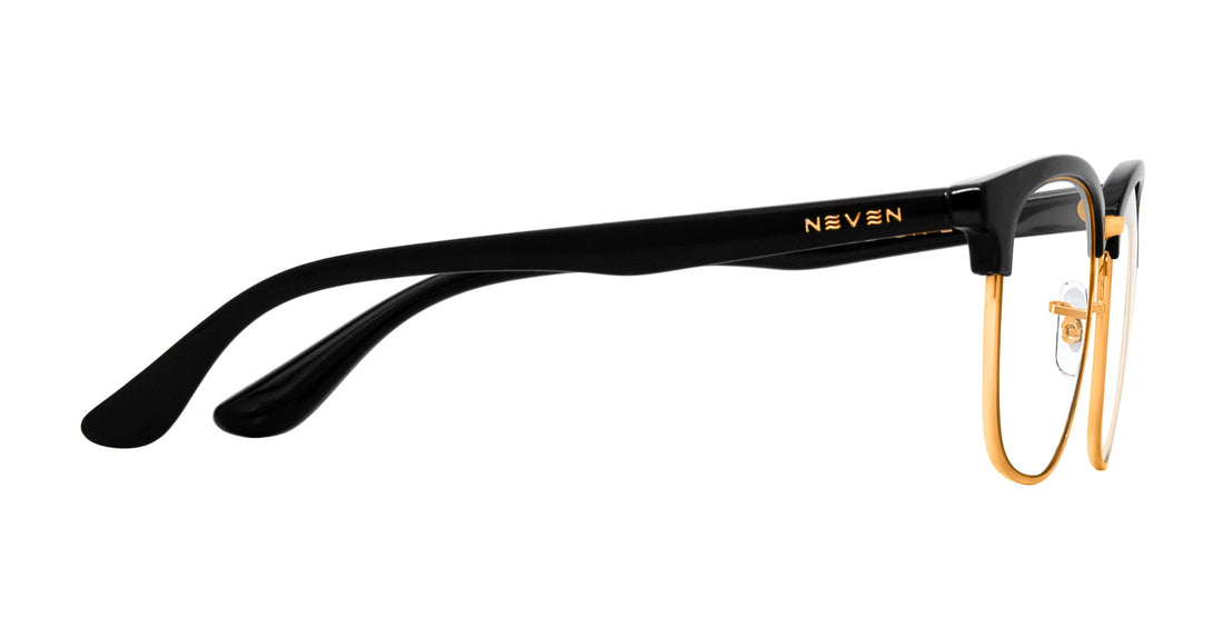 Side view of Gold Rush prescription sunglasses showing black TR90 temple with gold NEVEN logo and gold metal rim on white