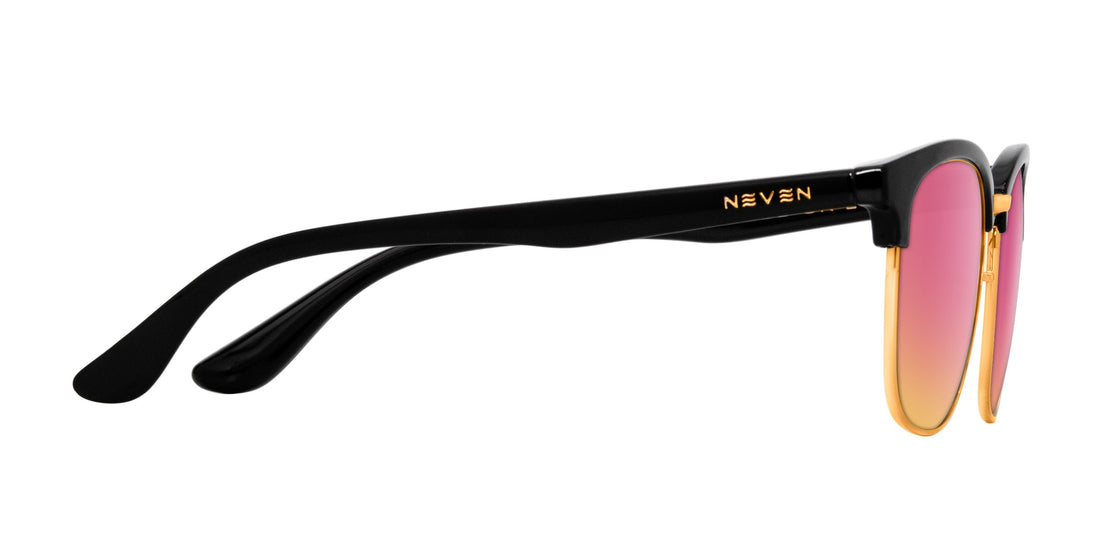 Side view of Gold Rush Rx sunglasses with black temples, gold Neven logo and pink gradient lenses on white background