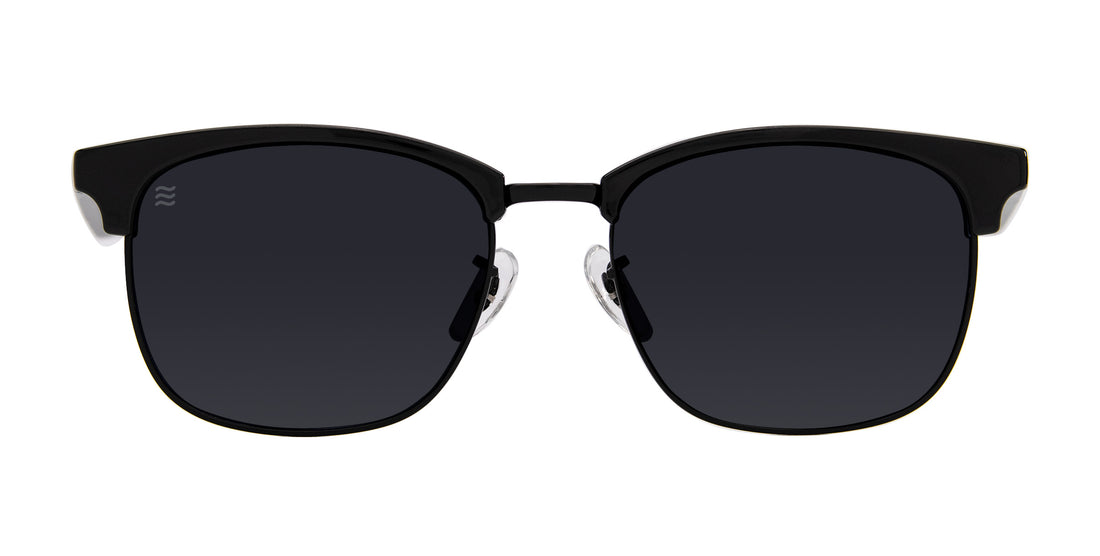 Front view of black sunglasses with polarized lenses.