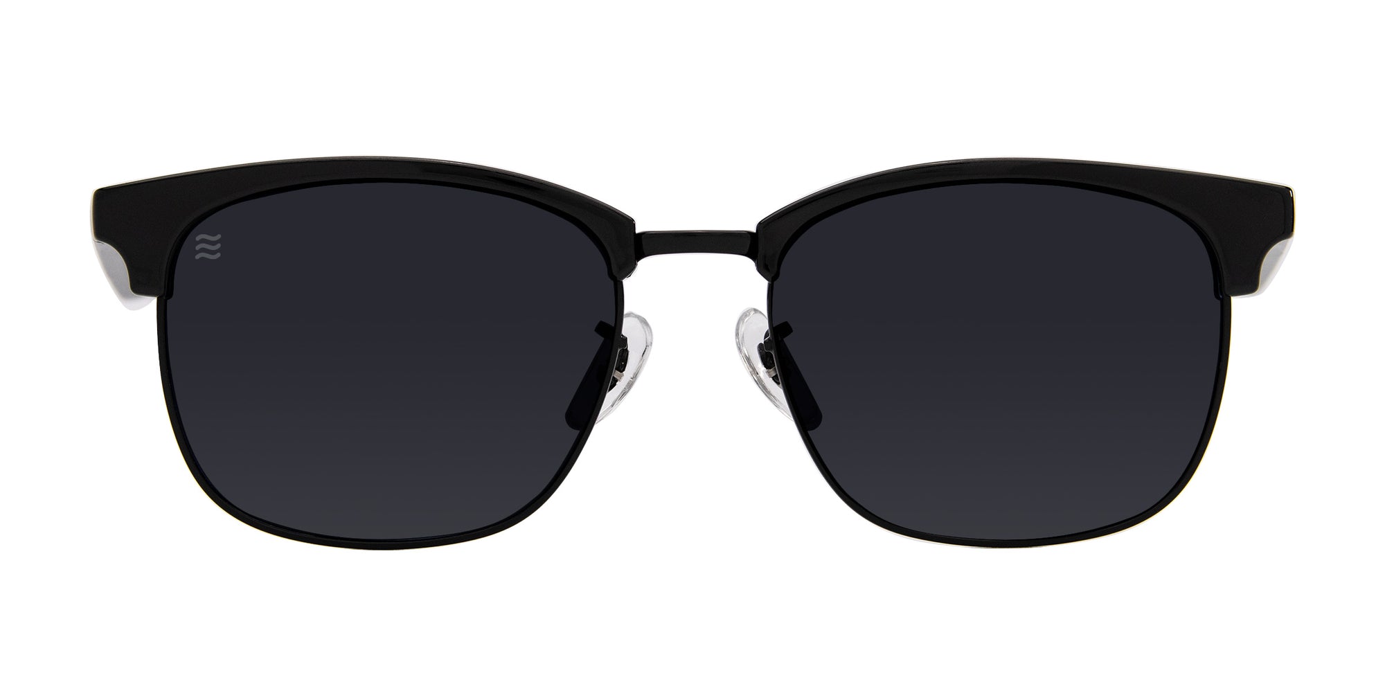 Front view of black sunglasses with polarized lenses.